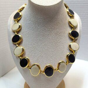 Women Vintage Black Cream Enamel Gold Tone Choker Necklace Toggle